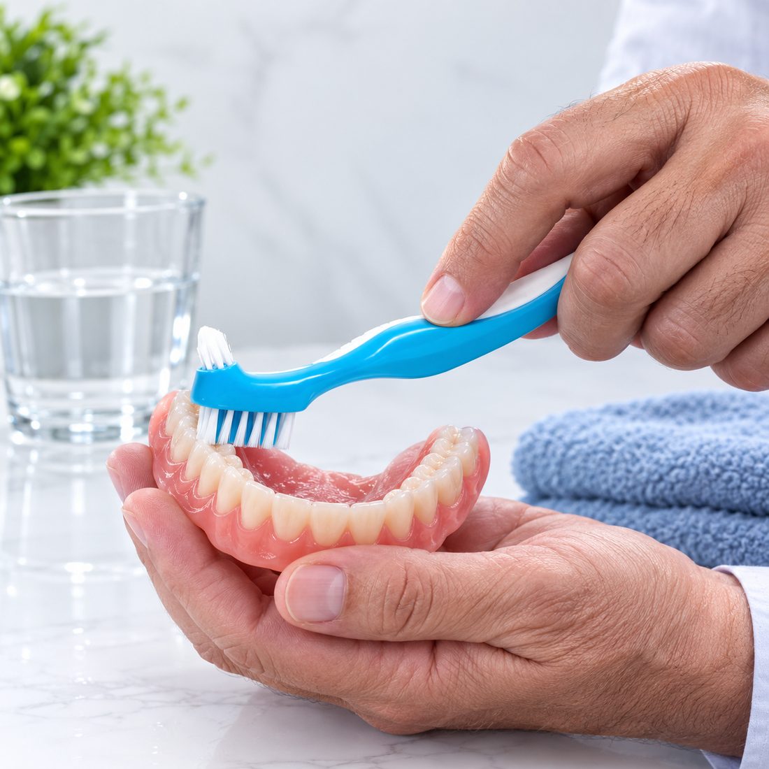 A man brushing at the bathroom mirror as part of a daily oral hygiene routine