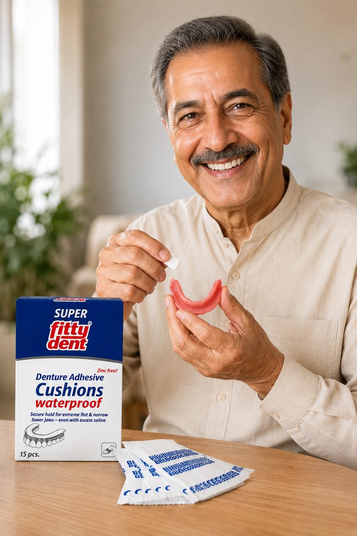 A smiling man applying a Fittydent adhesive cushion to a lower denture, with the Cushions carton and sachets on the table