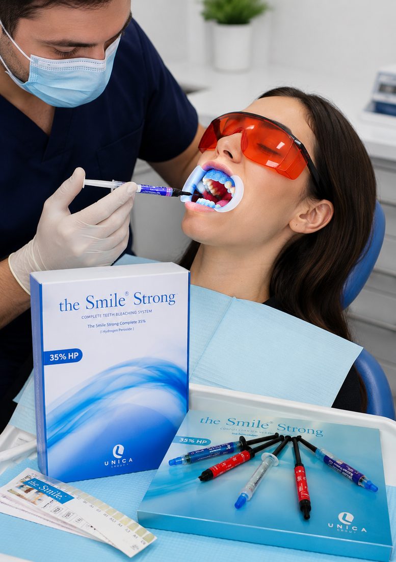 A dentist applying The Smile Strong whitening gel during an in-clinic session