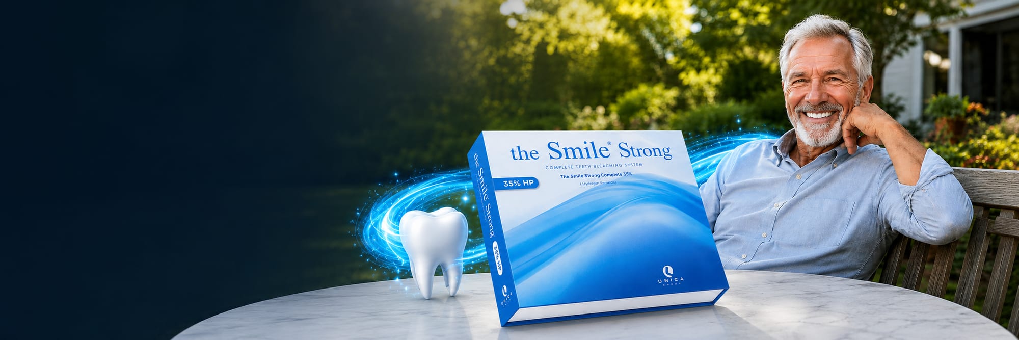 A smiling older man in a sunlit garden beside The Smile Strong teeth whitening system