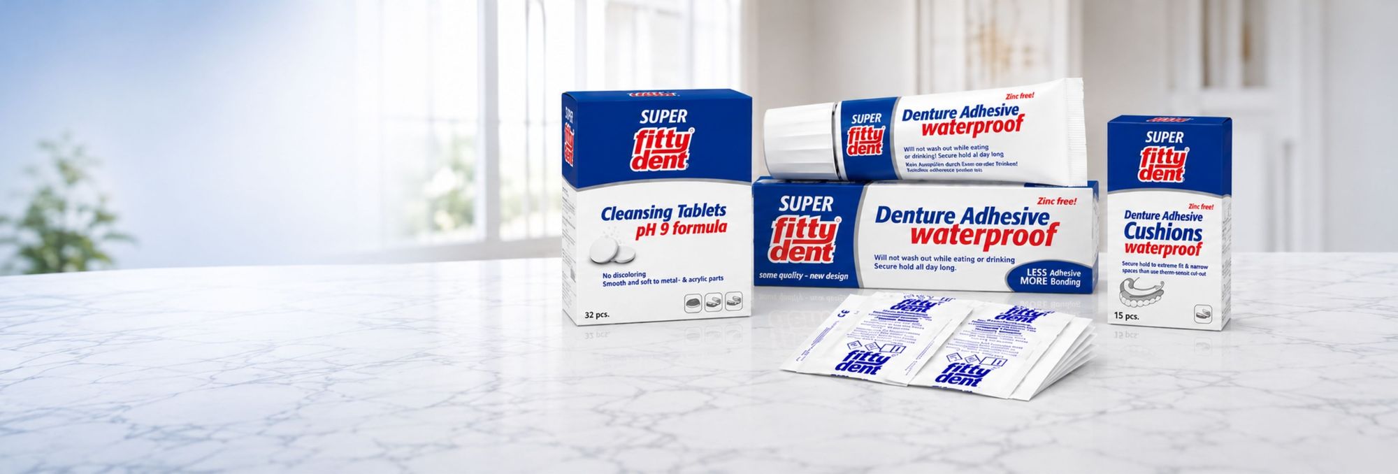 The Fittydent range — denture adhesive, cushions and cleansing tablets